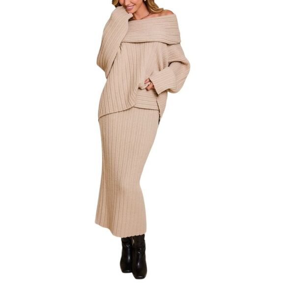 Oat Knitted Off The Shoulder Top & Bodycon Skirt 2 Piece Set NWT - Picture 3 of 11